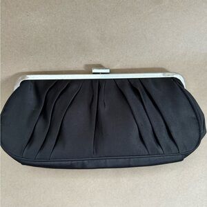 Town Shoes Black Satin Evening Clutch with Sliver Hardware and Chain Strap.